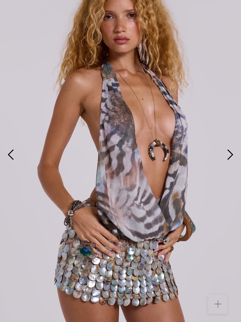 Iridescent Shell Mini Dress with Animal Print Halter Top - Green & Pearl Tones - Picture 4 of 4